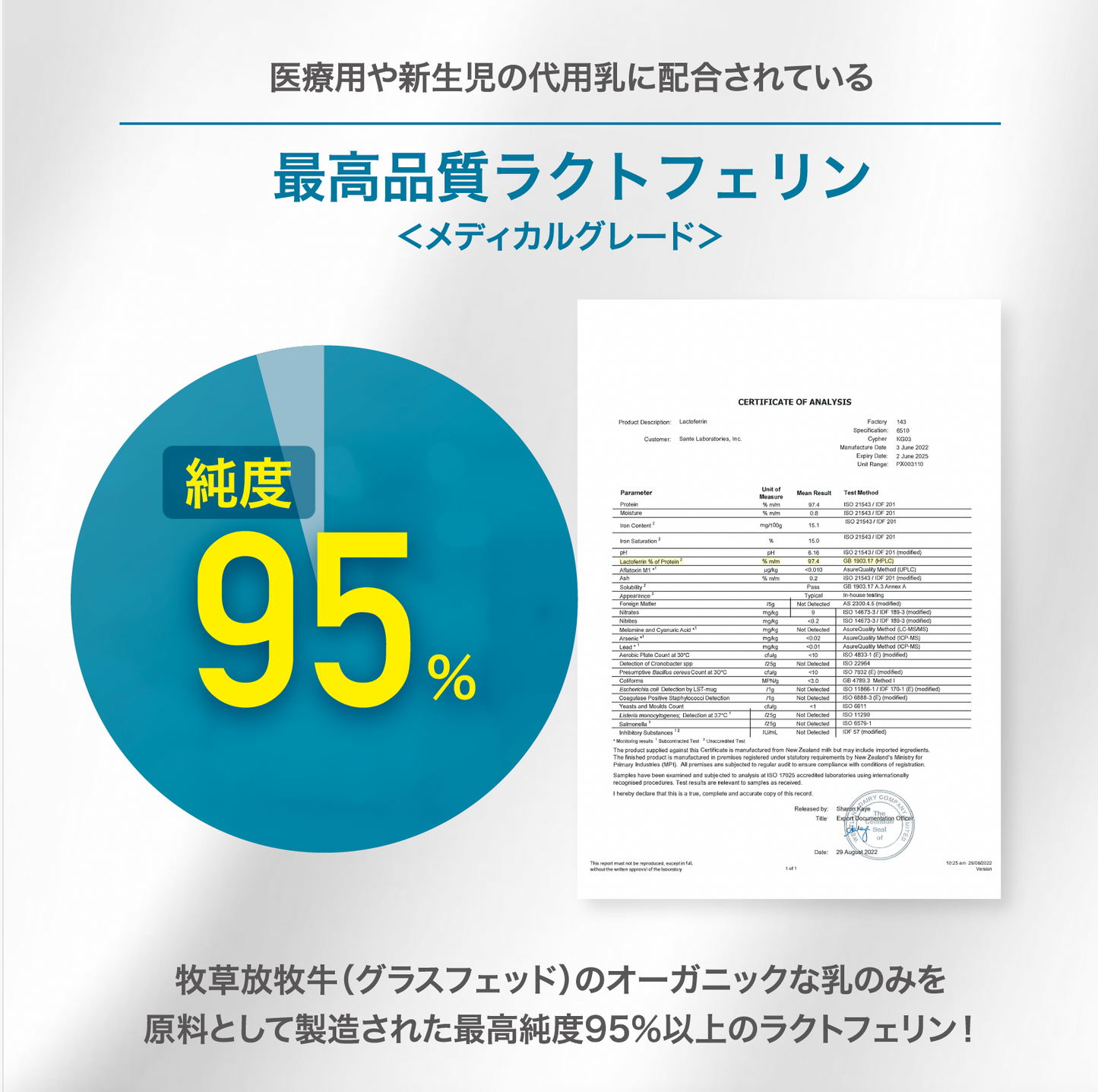 Lactoferrin, completely additive-free, high purity 95%